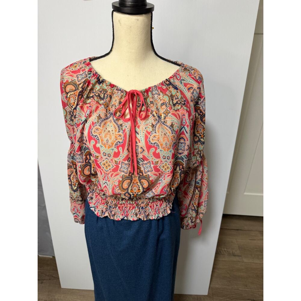 Cotton Express Peasant Boho Paisley Blouse Peek A Boo Sleeve Sz M